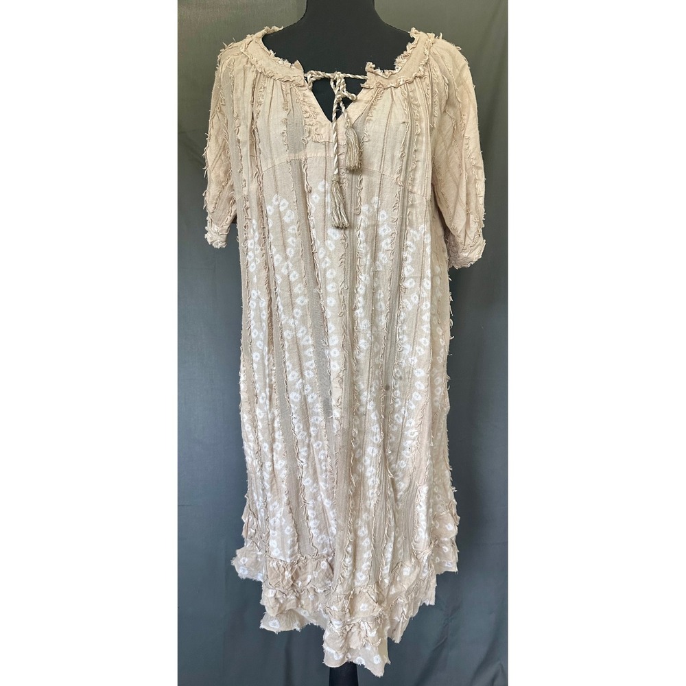 Lula Soul Tan White Fringe Boho Tassel Tie Midi Dress Pockets Small